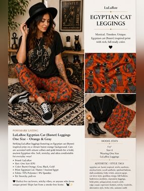 LuLaRoe Egyptian Cat Bastet Leggings Orange Gray Mystic Print OS